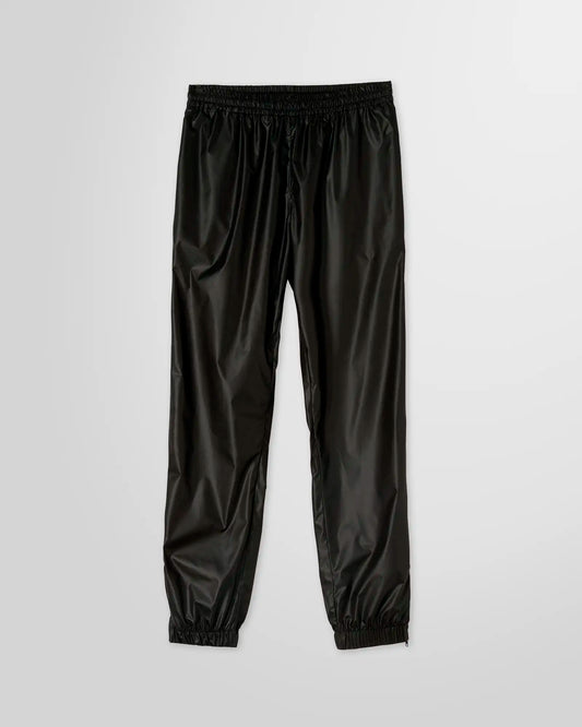 MSGM Black Nylon Track Pants with elastic waistband, side pockets, and logo patch on the rear pocket.