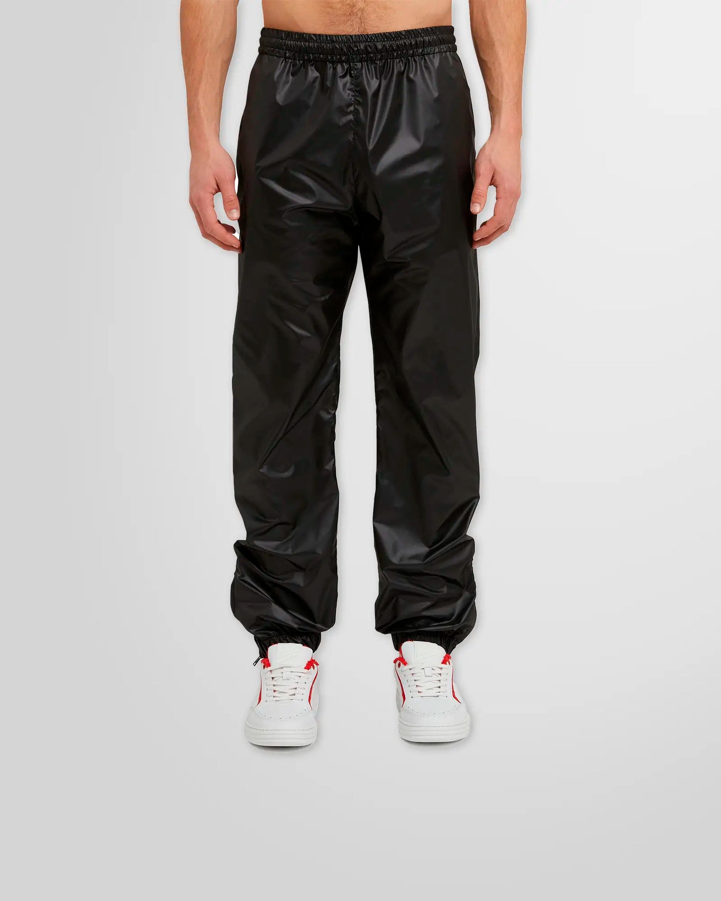 Front view of MSGM Black Nylon Track Pants with sleek, athletic design in lightweight nylon.
