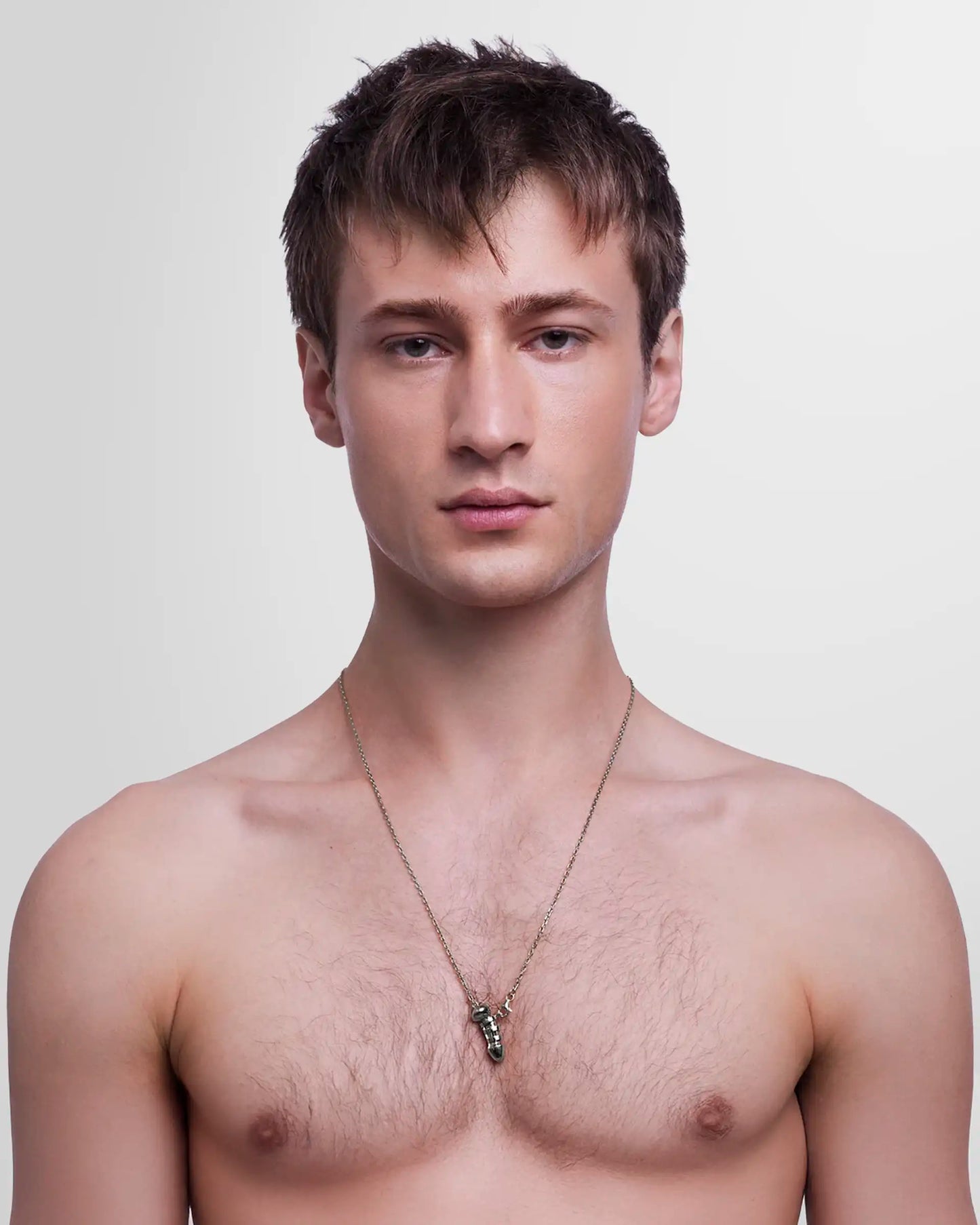 Model wearing the Alan Crocetti Chastity Necklace.