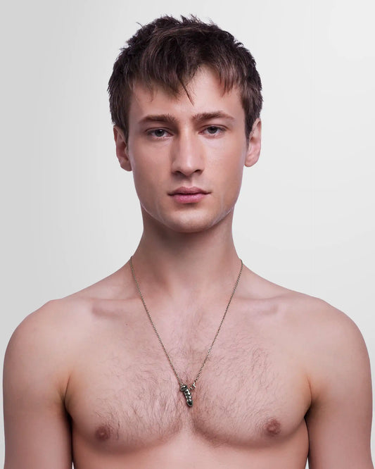 Model wearing the Alan Crocetti Chastity Necklace.