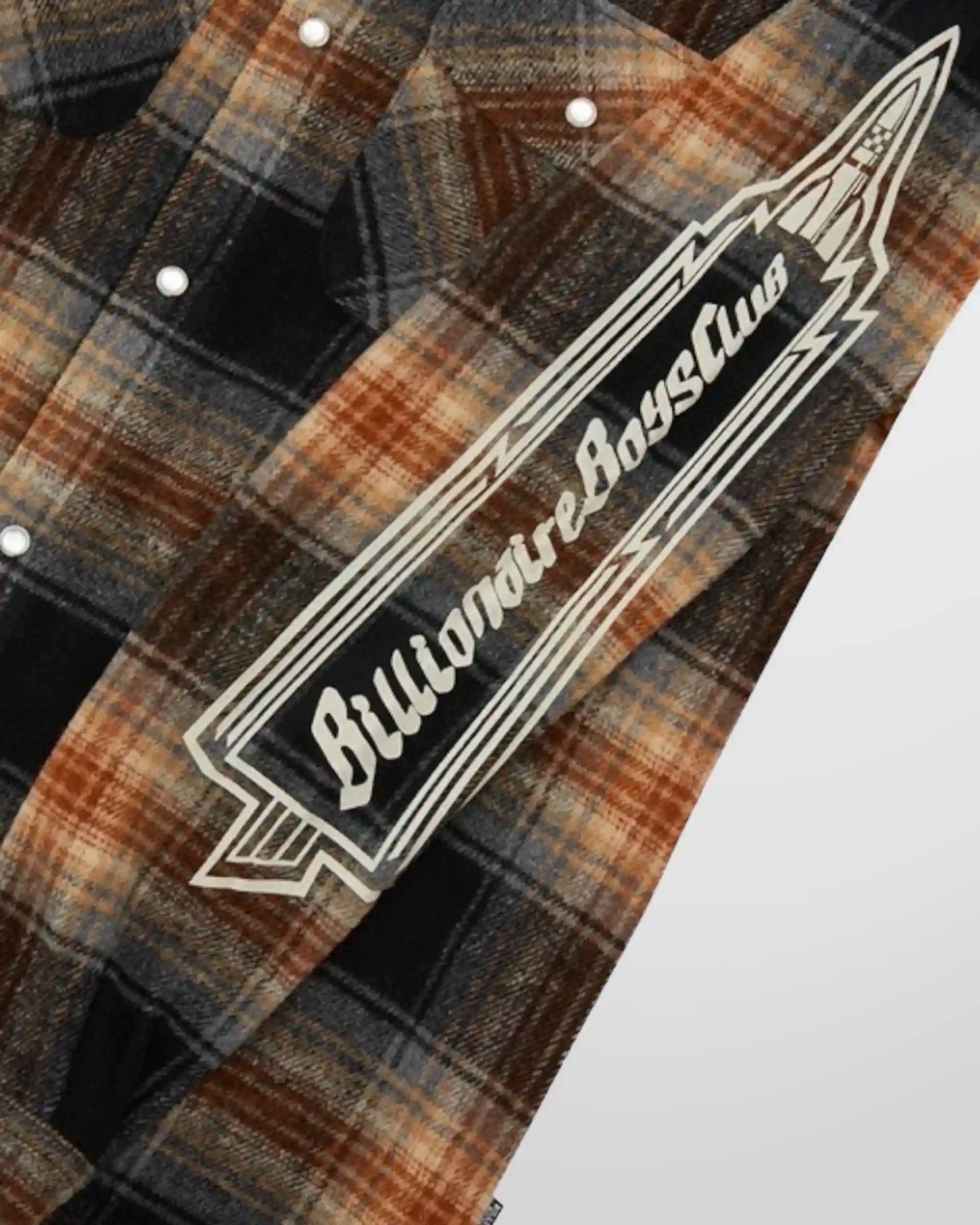 Close up of the Billionaire Boys Club Check Shirt detail of print