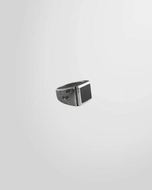 Side profile of the Johnny Ramli Onyx Signet Ring in oxidised sterling silver.