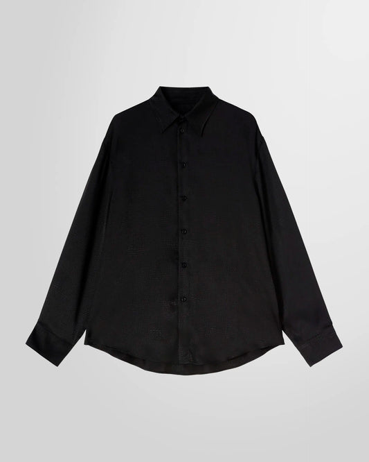 Front view of the black MSGM 'Croco Satin' shirt, showing its classic silhouette.
