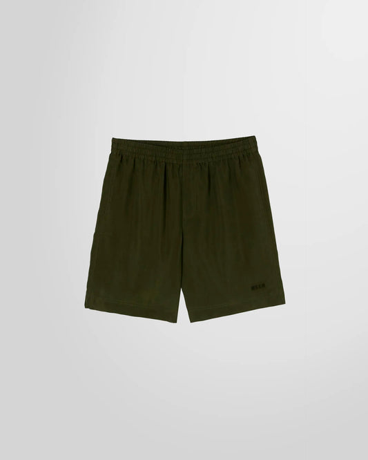 Front view of the MSGM Cupro Shorts in military green, showing the regular fit and knee length.