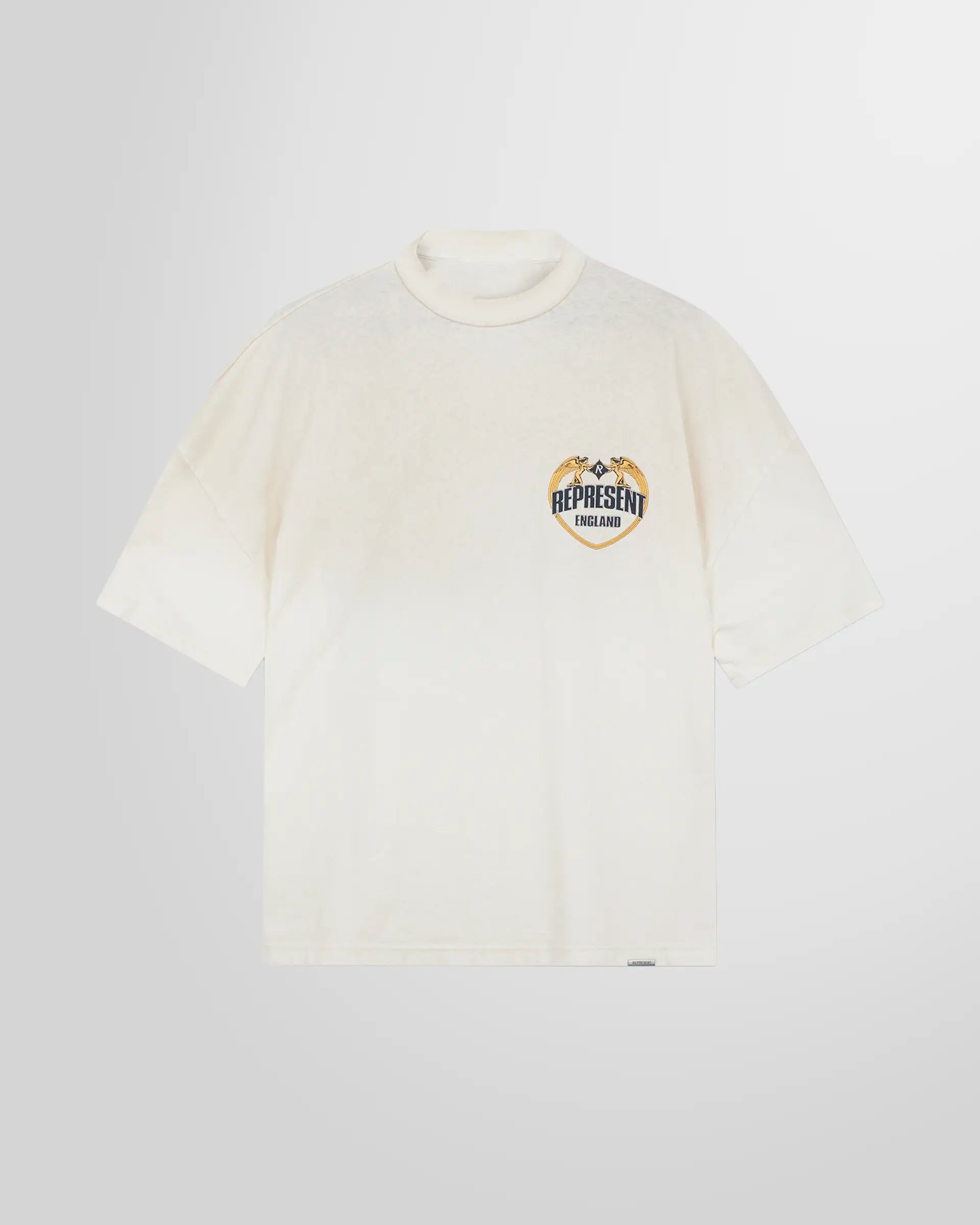Front view of the Represent Angel Border T‑Shirt in Washed Ecru, boxy fit.