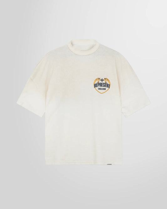 Front view of the Represent Angel Border T‑Shirt in Washed Ecru, boxy fit.