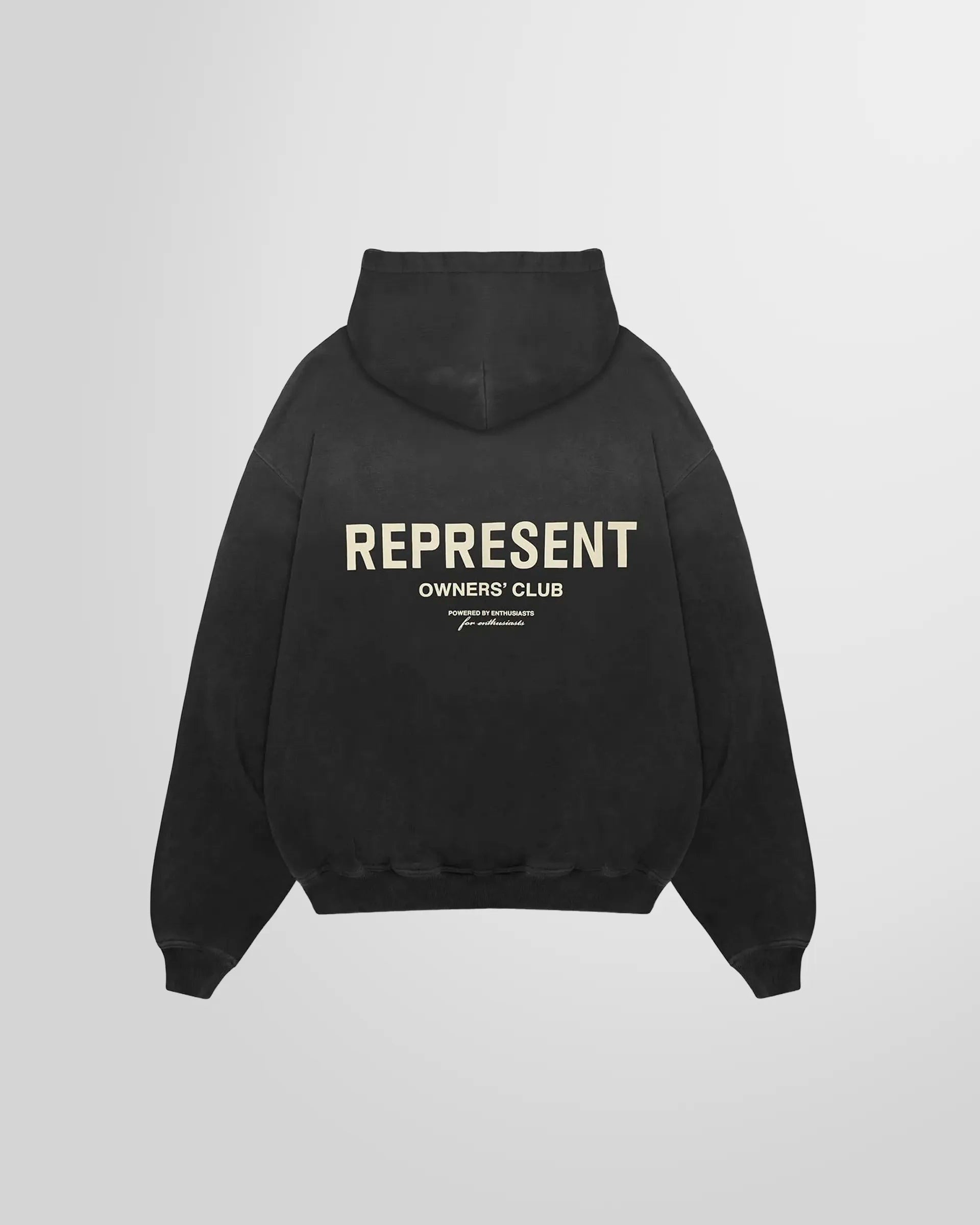 Back of the aged black Represent Owners' Club Hoodie, displaying the large graphic print.