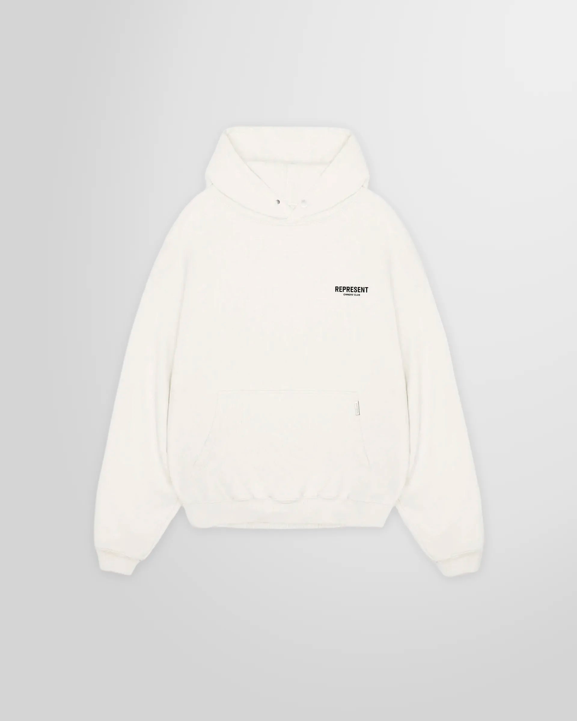 Front view of the Represent Owners' Club Hoodie in Flat White, showing the chest logo.