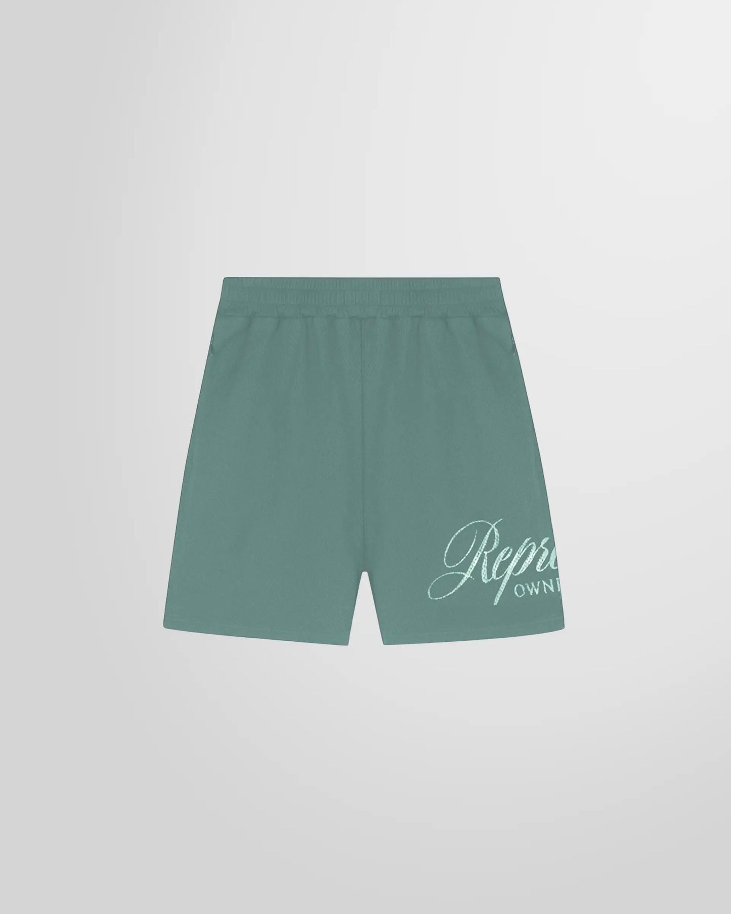 Front view of the Represent Owners’ Club Script Mesh Shorts in Vintage Green.