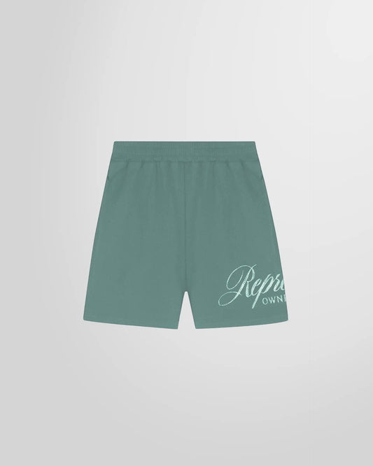 Front view of the Represent Owners’ Club Script Mesh Shorts in Vintage Green.