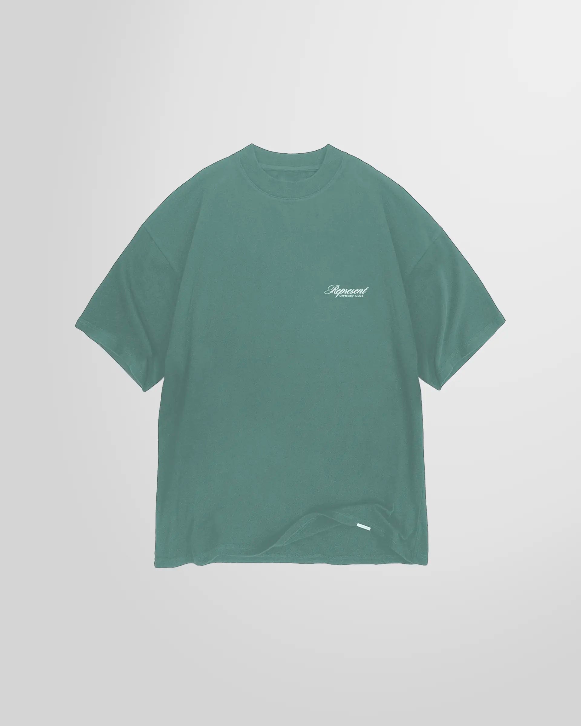 Front view of the Represent Owners’ Club Script T‑Shirt in Vintage Green with script print.