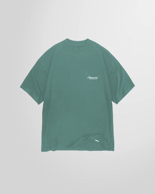 Front view of the Represent Owners’ Club Script T‑Shirt in Vintage Green with script print.