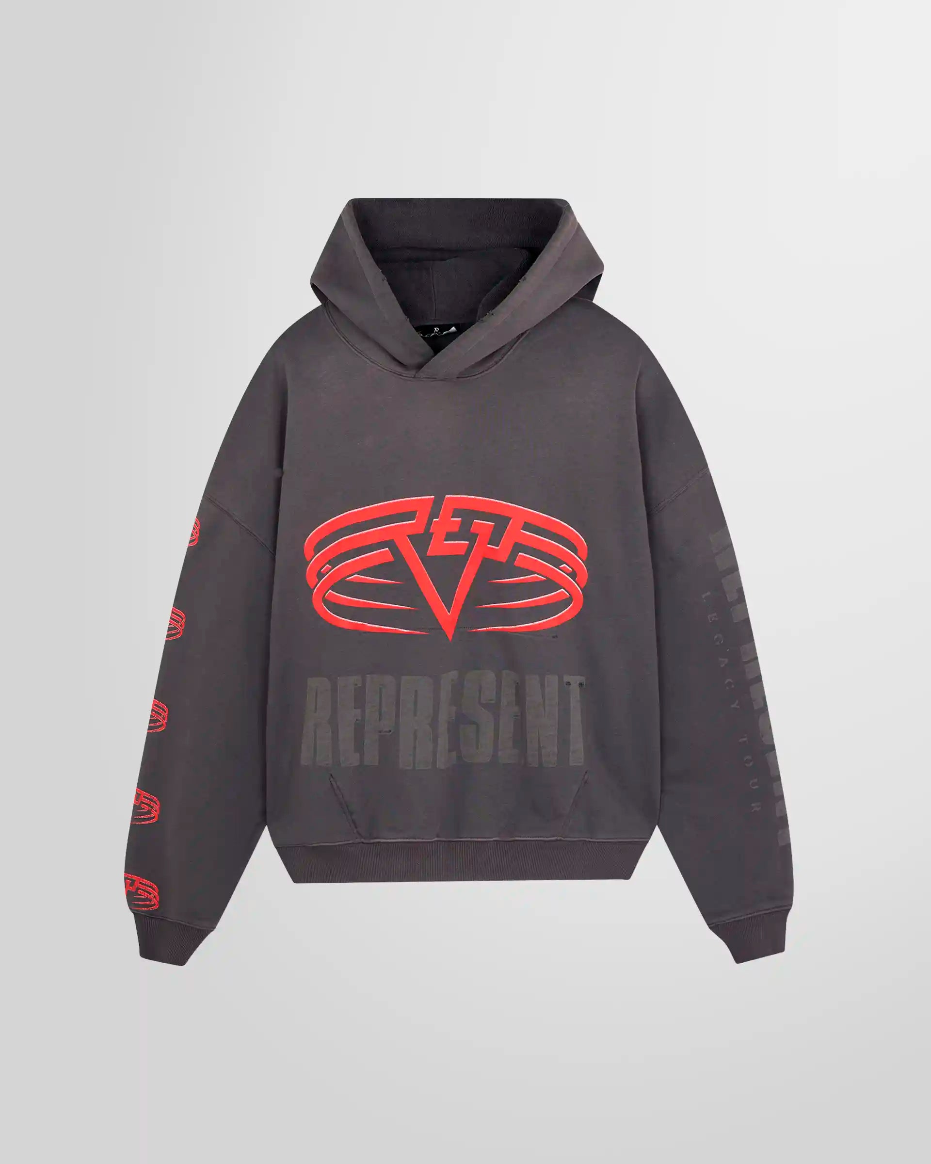 Front view of the Represent Reversible Living Legacy Tour Hoodie in Sun Fade Grey, oversized boxy fit.