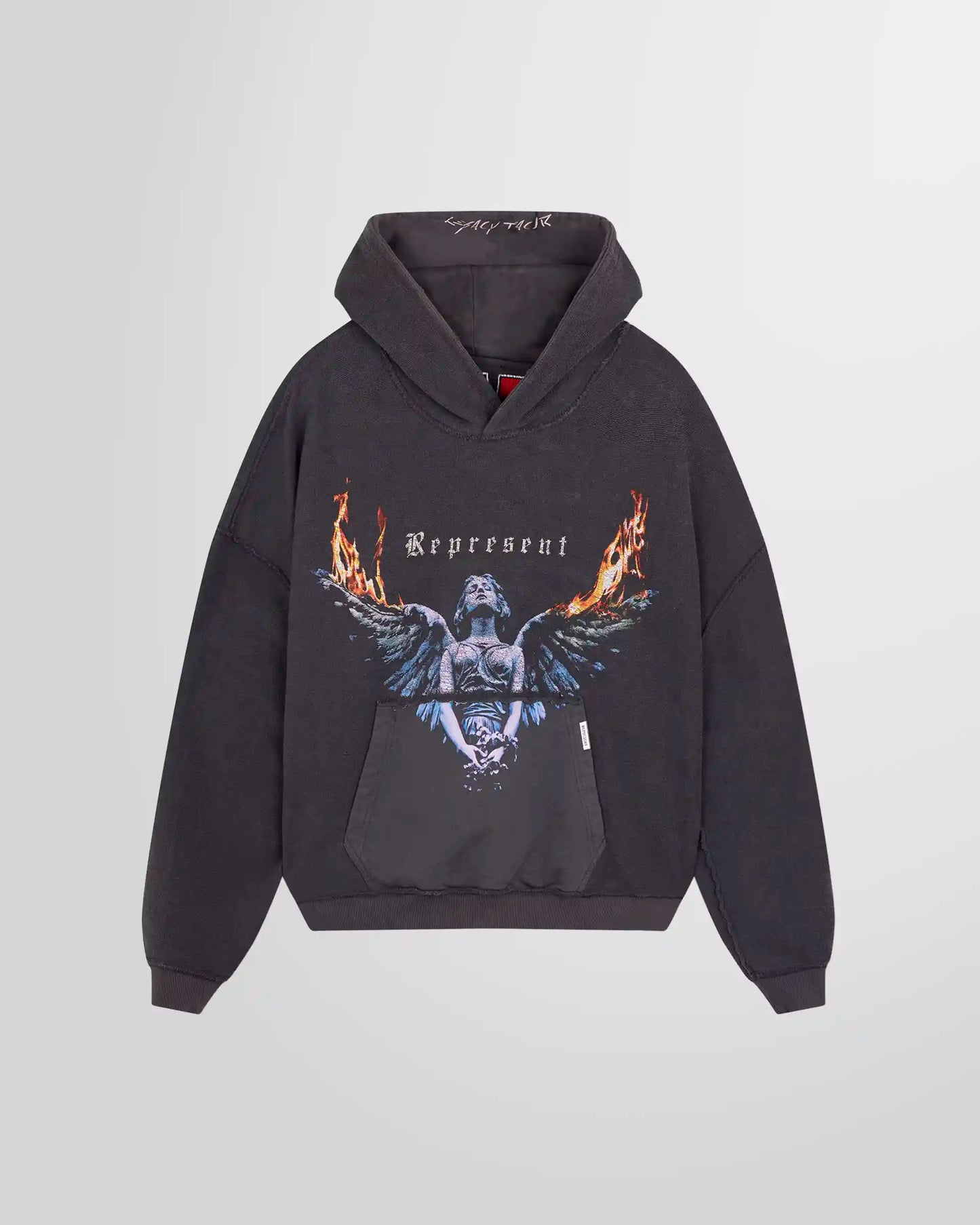 Inside Front view of the Represent Reversible Living Legacy Tour Hoodie in Sun Fade Grey, oversized boxy fit.