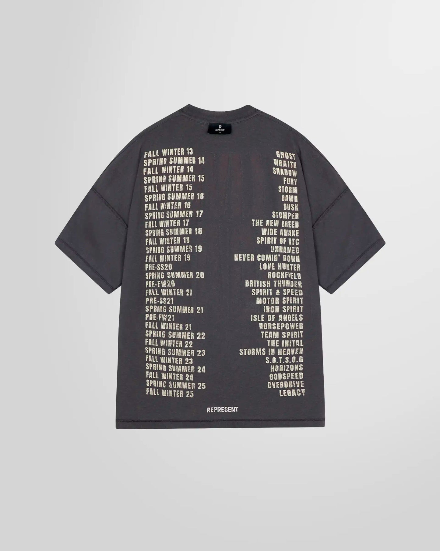 Back inside view showing the mixed print on the reversible tee in Sun Fade Grey.