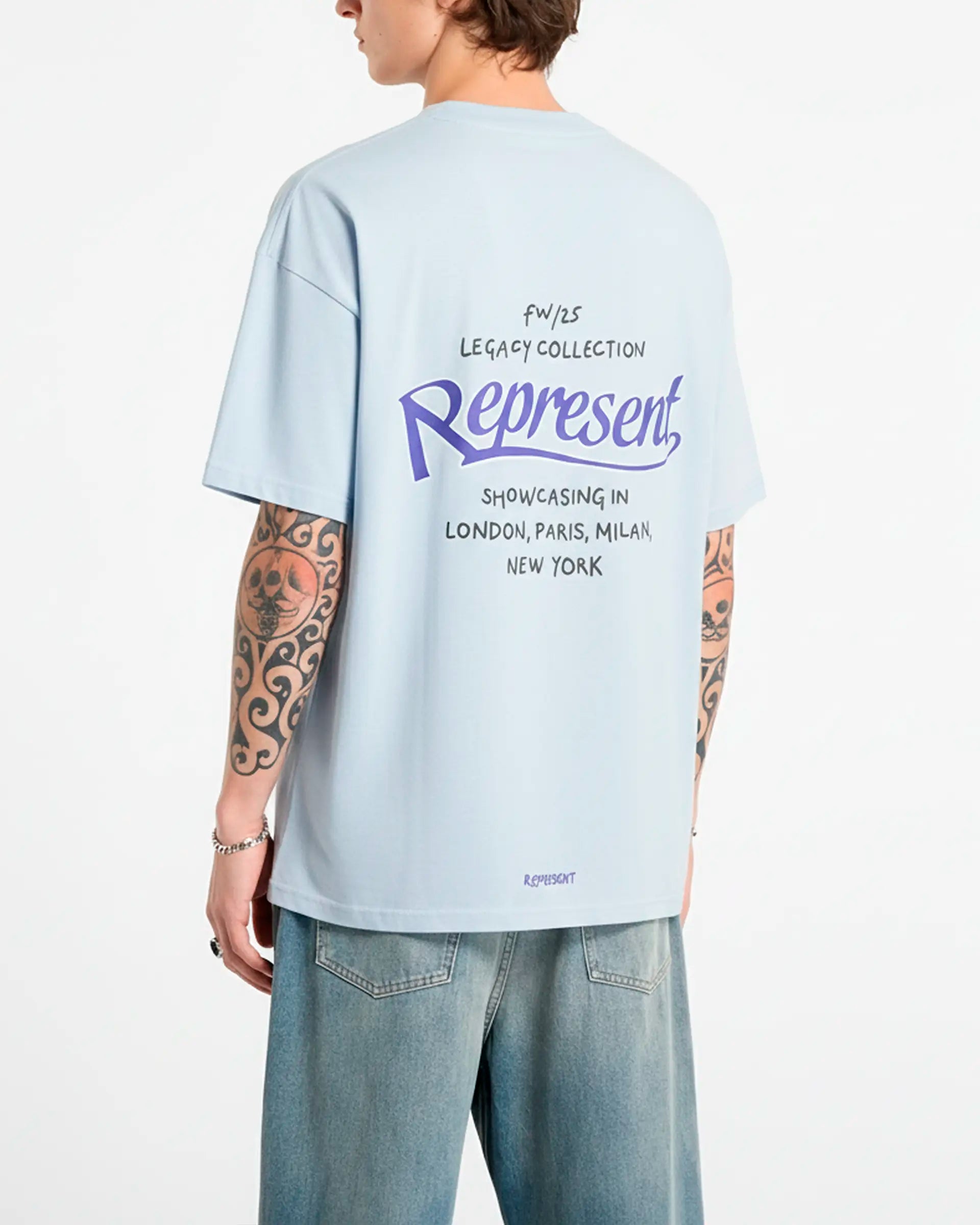 Back view showing the large Legacy Showcasing graphic with cities on a model.