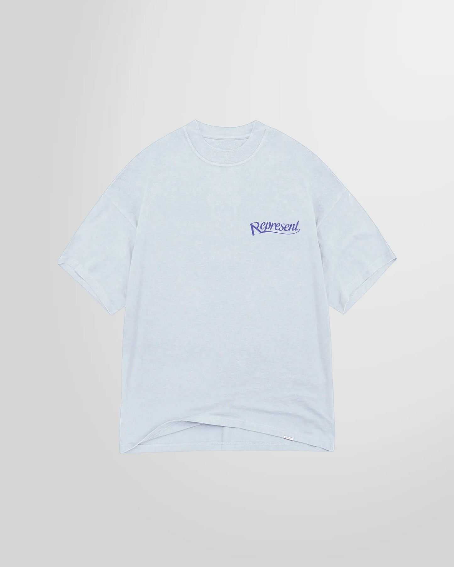 Front view of the Represent Showcasing T‑Shirt in Cloud with small script logo at chest.