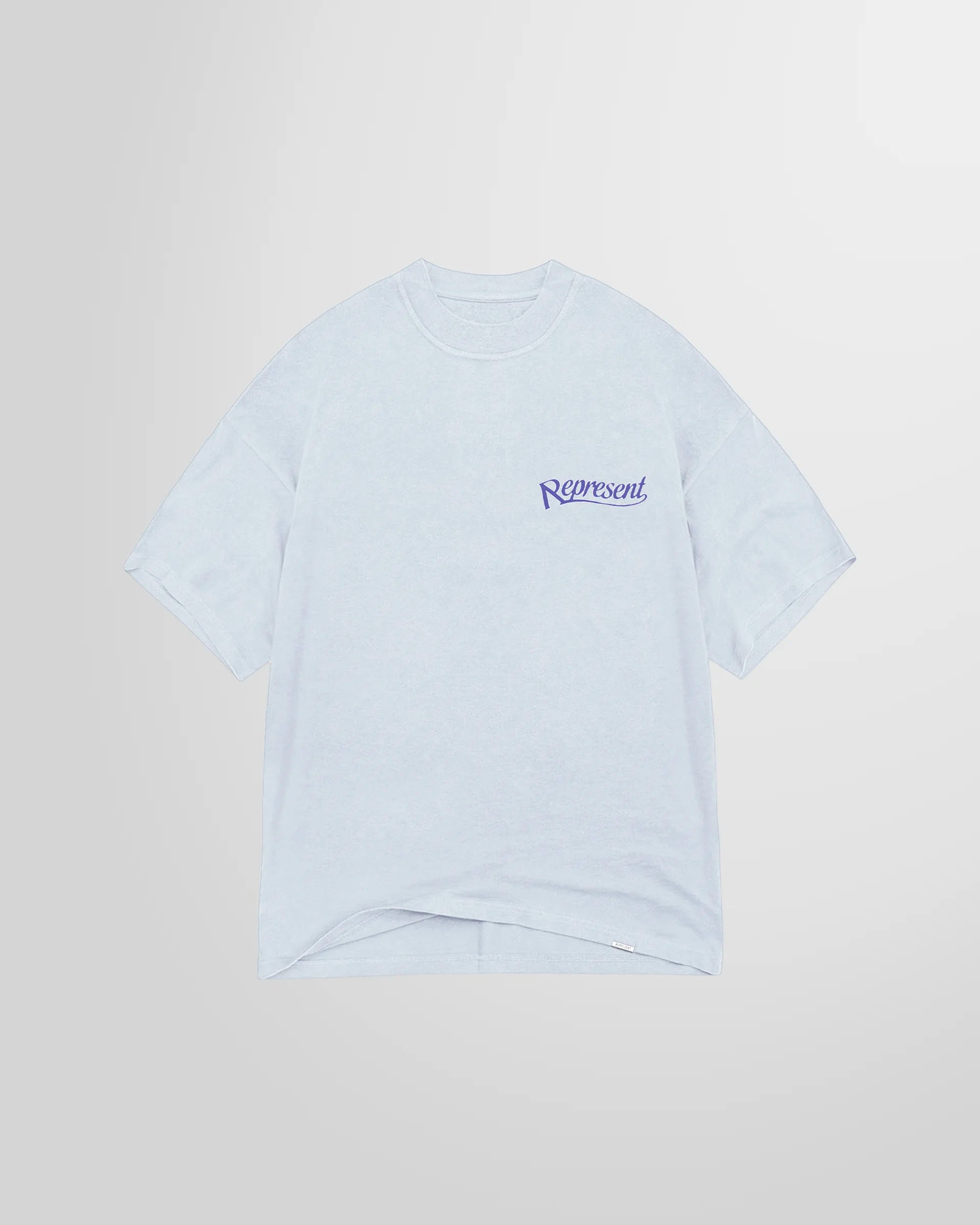 Front view of the Represent Showcasing T‑Shirt in Cloud with small script logo at chest.