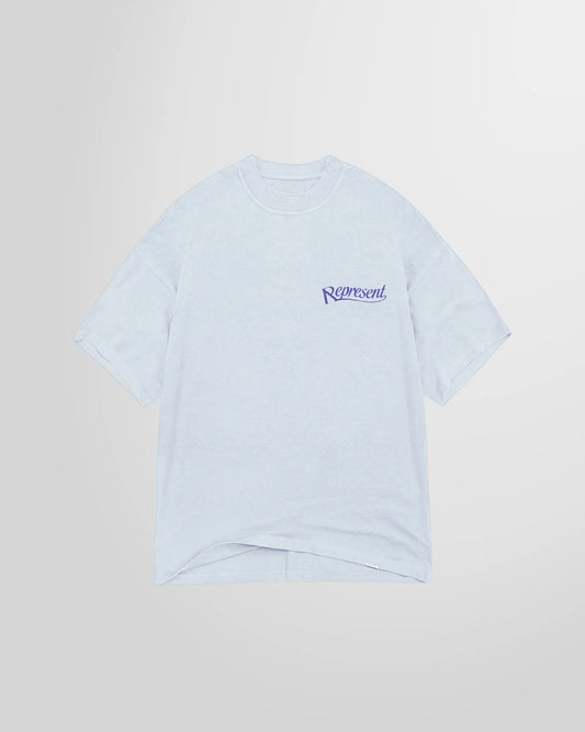Front view of the Represent Showcasing T‑Shirt in Cloud with small script logo at chest.