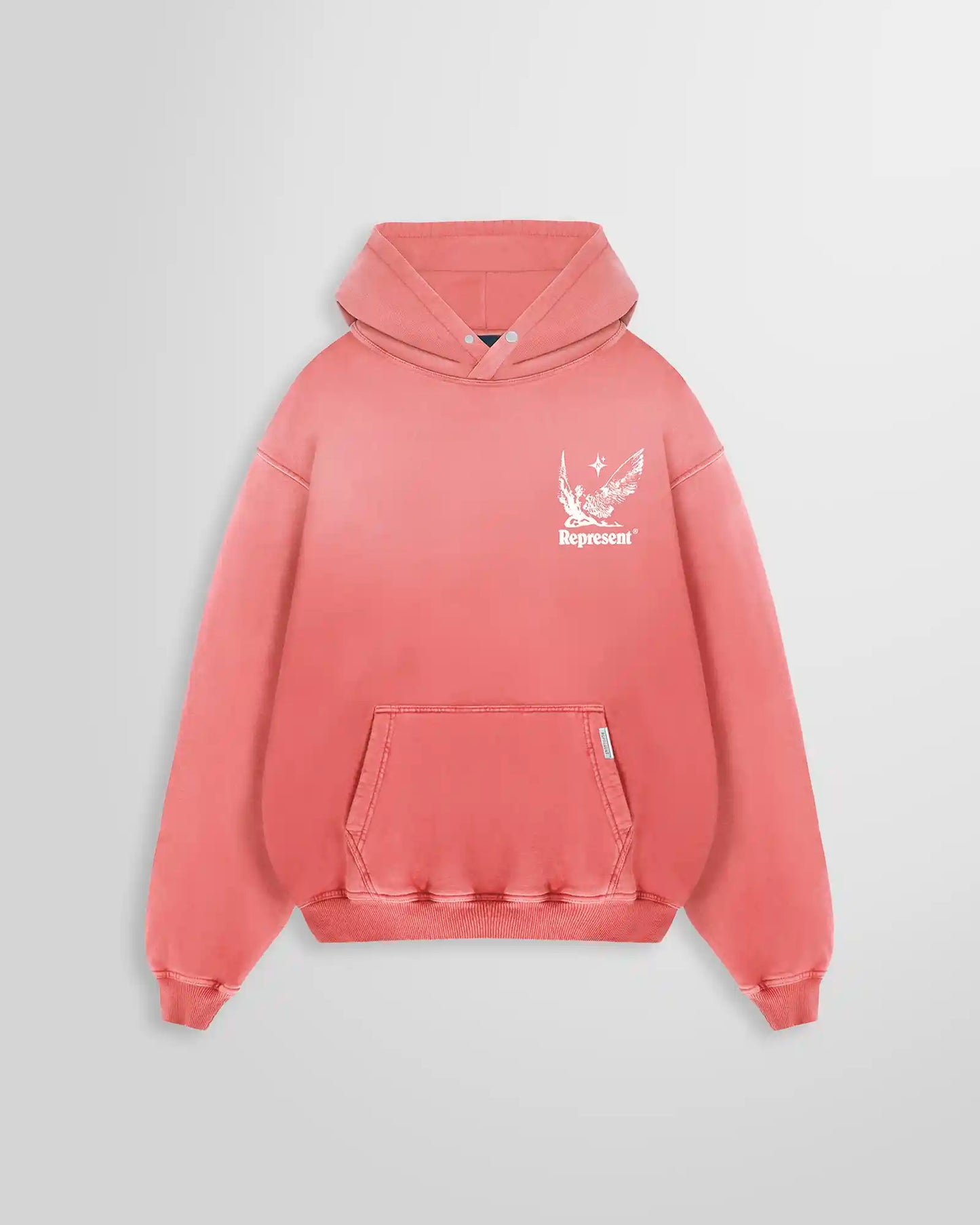 Front view of the Represent Spirits of Summer Hoodie, showcasing the unique Sunrise gradient wash and puff print chest graphic.