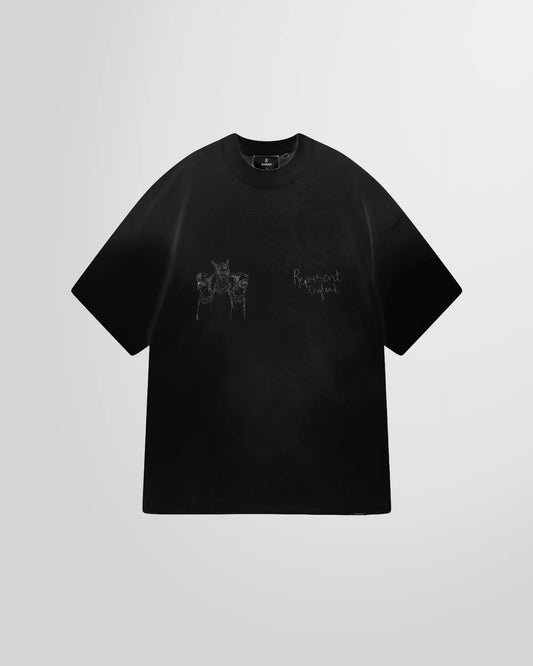 Front view of the Represent Hand Drawn Thoroughbred T‑Shirt in Aged Black with oversized fit.