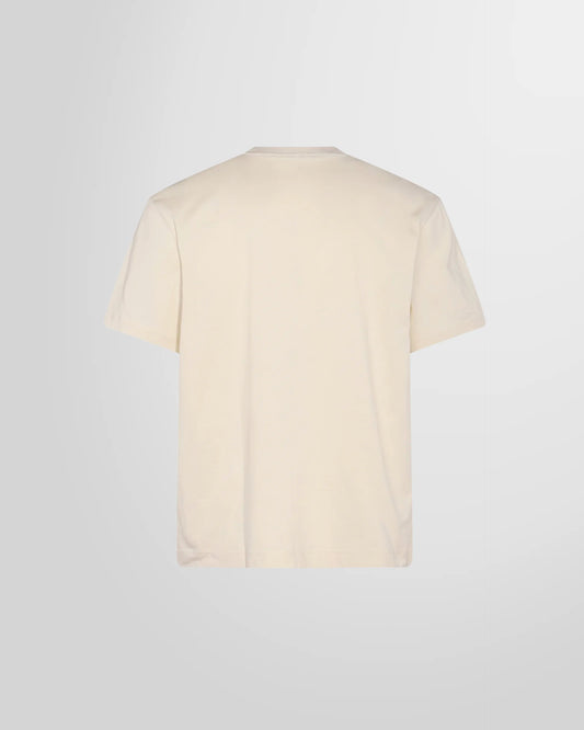 Back view of the light beige Sunnei t-shirt, showing the straight hem and classic fit.
