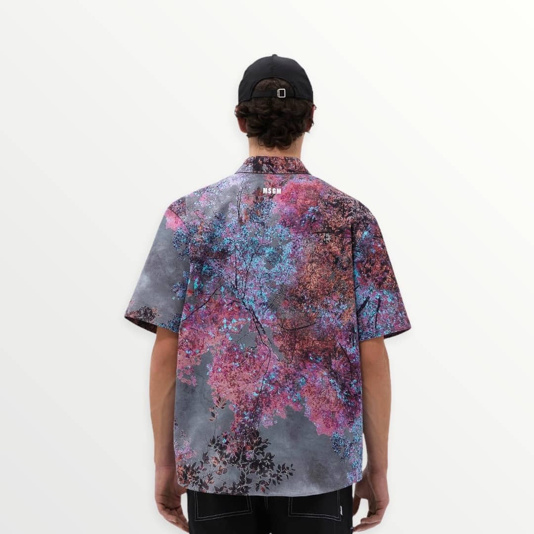 Gabardine shirt with all-over trees print