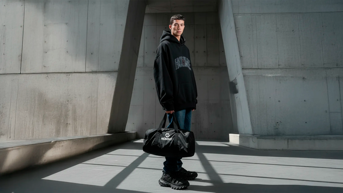 Model wearing a total look from Not Guilty Homme AW25 in a street style picture.