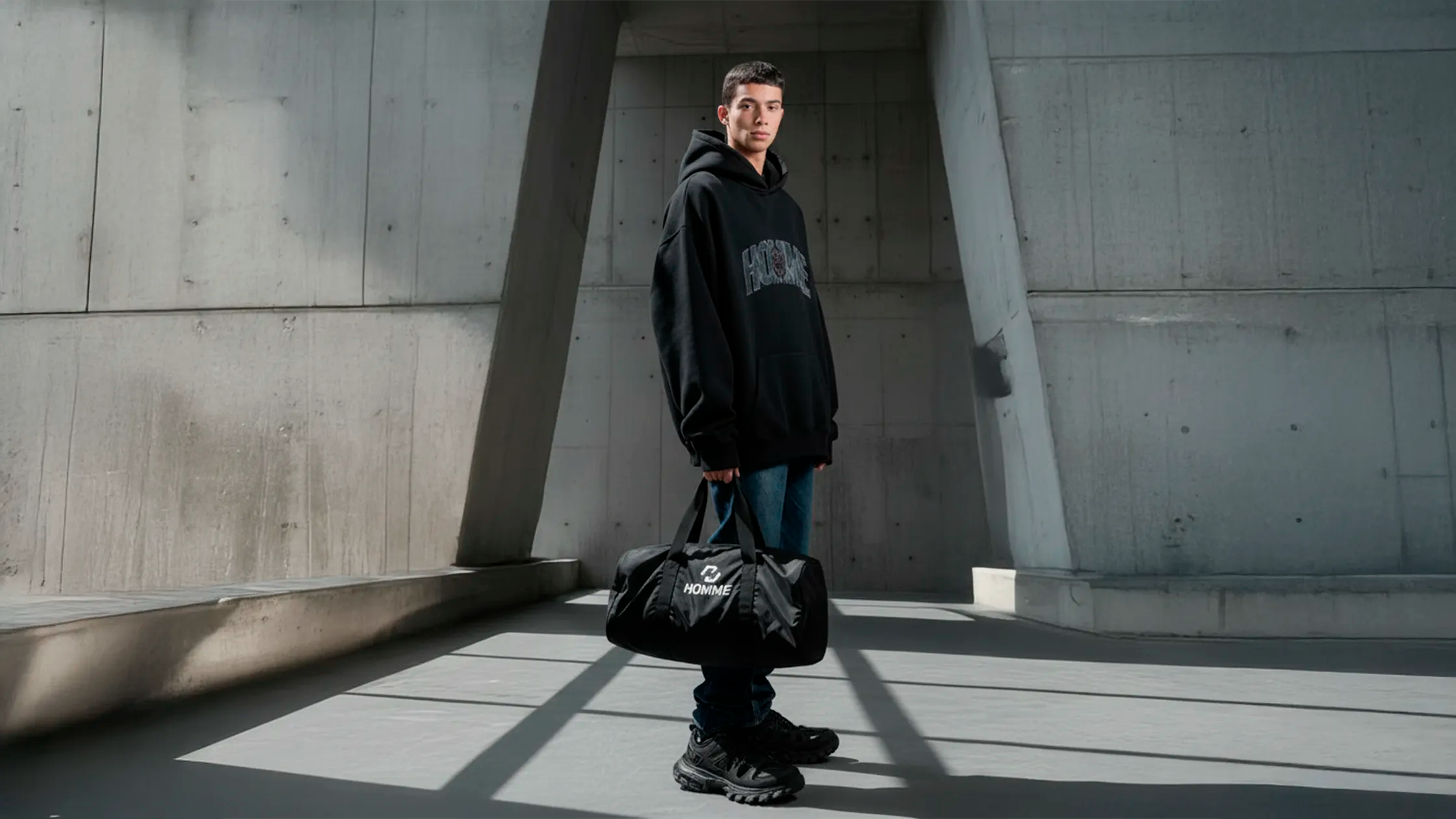 Model wearing a total look from Not Guilty Homme AW25 in a street style picture.