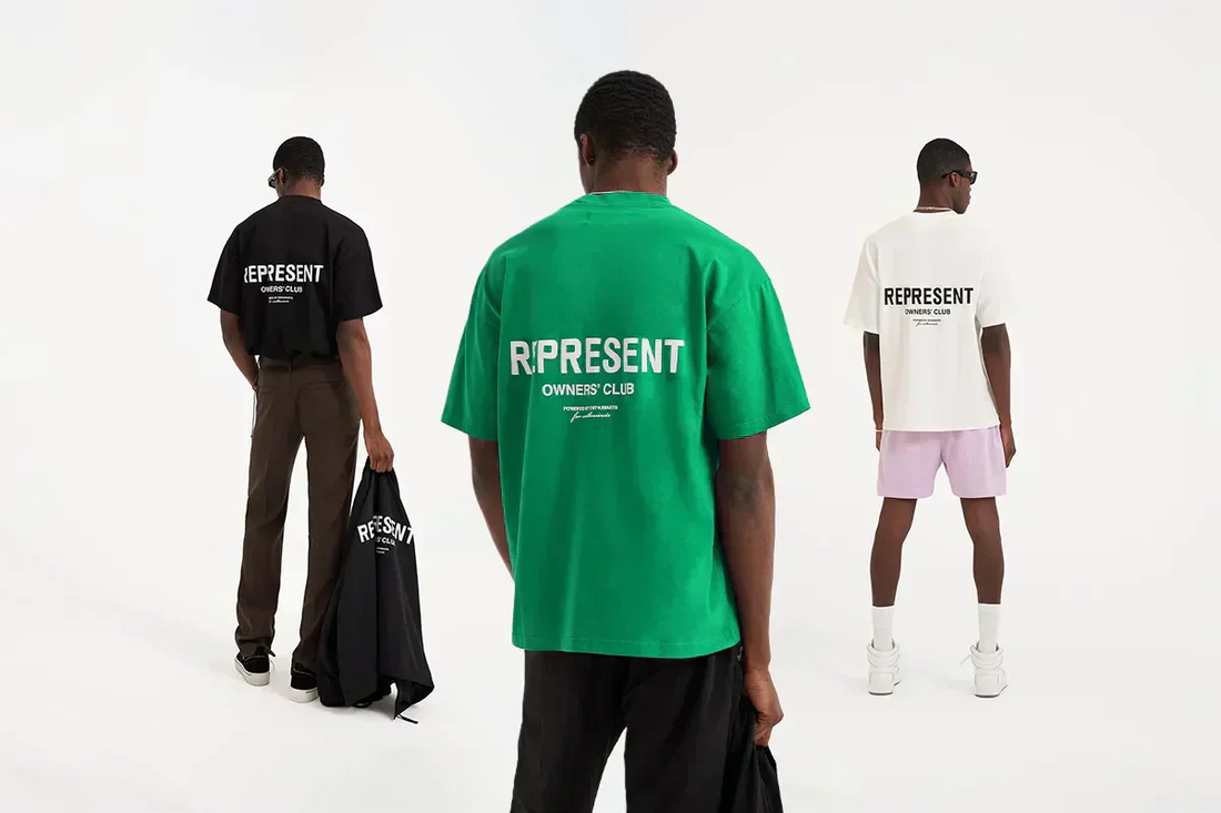 Represent Clothing: The complete guide and It's best pieces blog, showing Owners t-shirts in three colors.
