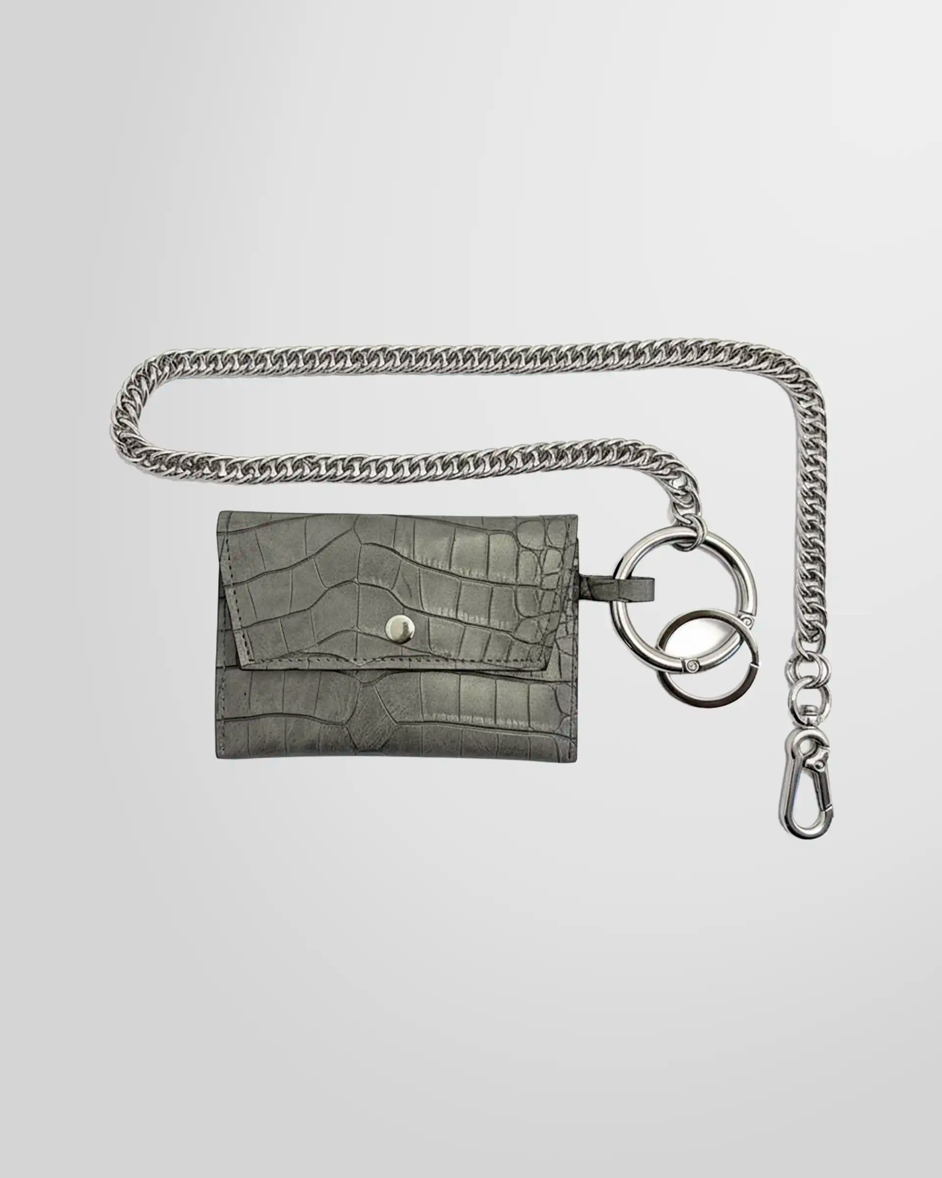 Not Guilty Homme grey crocodile-embossed leather chain wallet with heavy silver curb chain.