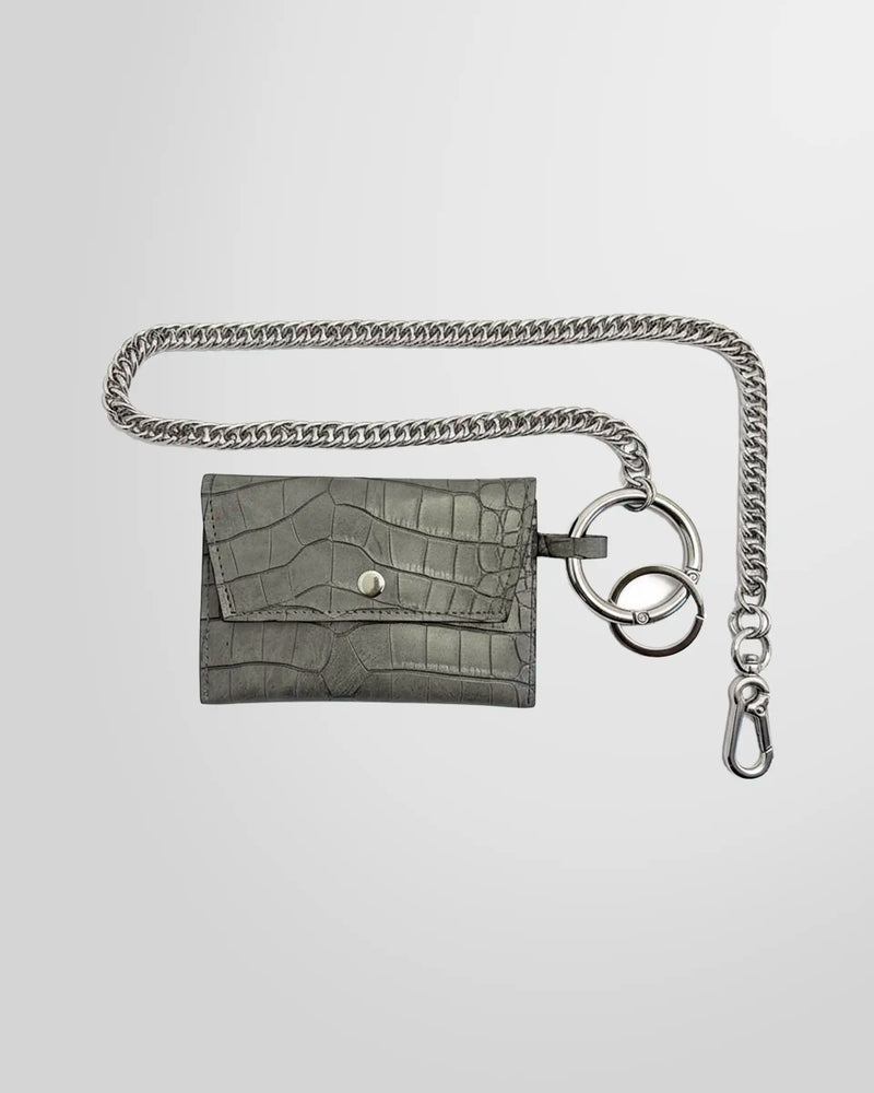 Not Guilty Homme grey crocodile-embossed leather chain wallet with heavy silver curb chain.