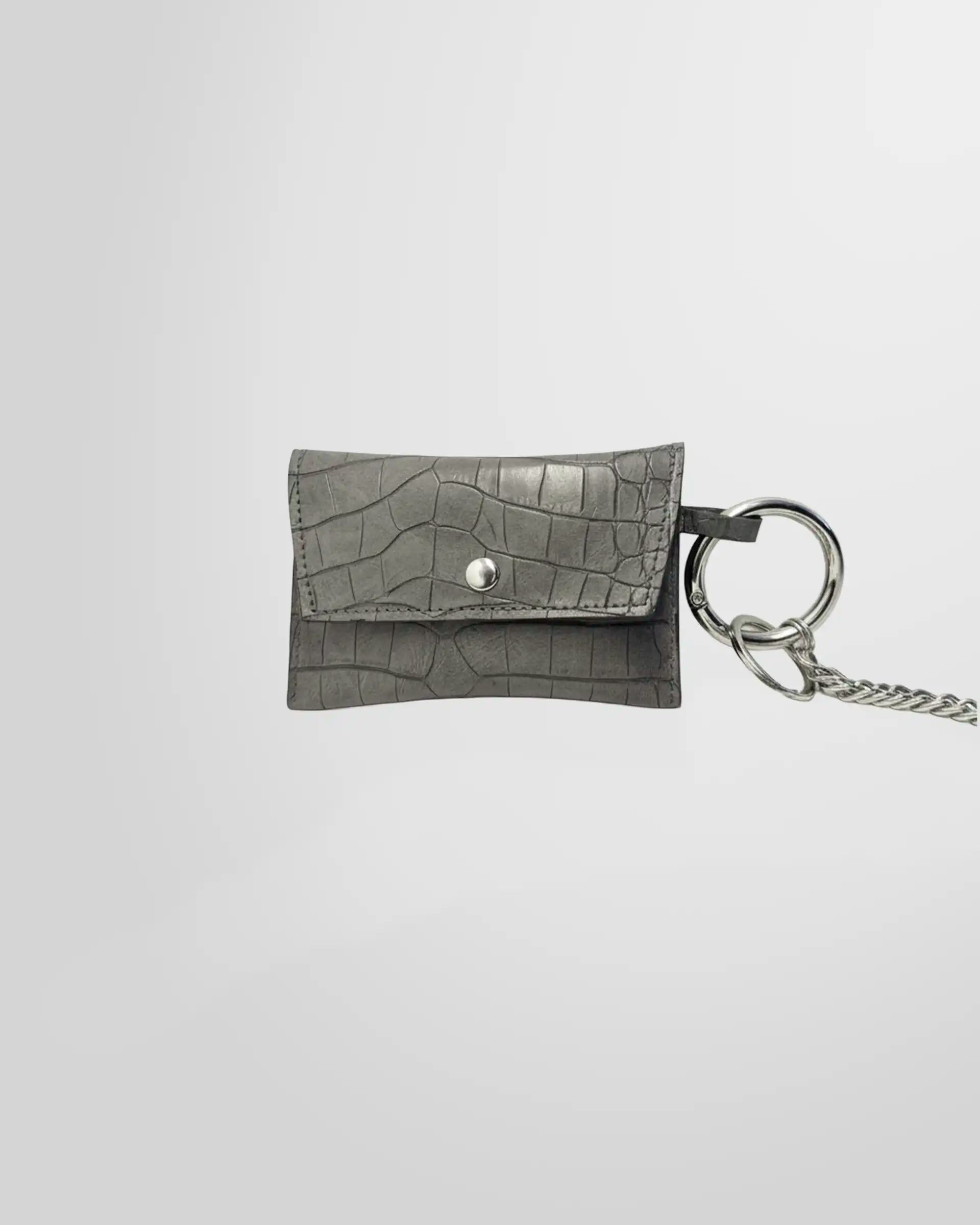 Close-up of the grey crocodile-embossed leather texture on the NGH wallet.