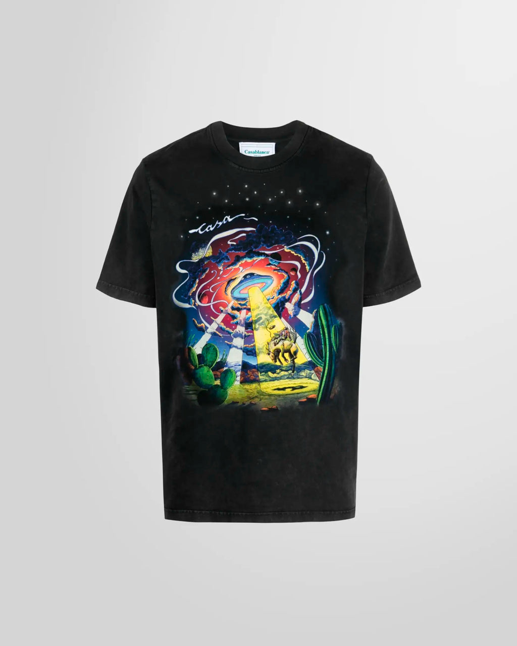 Front view of the Casablanca 'Cowboy De L'Espace' graphic t-shirt in a faded black cotton.