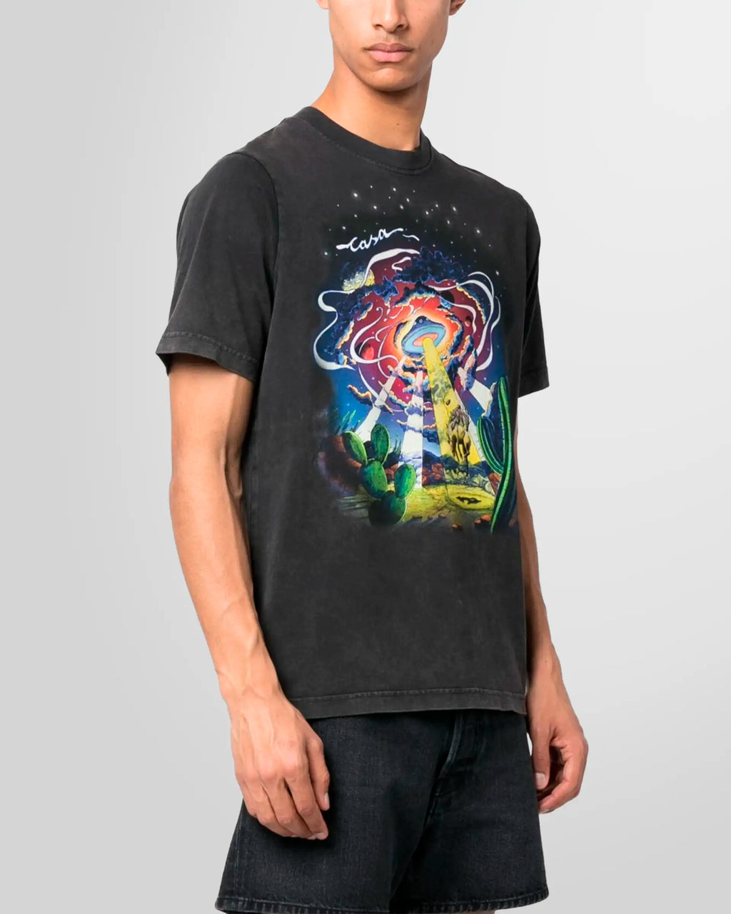 Model wearing the Casablanca 'Cowboy De L'Espace' t-shirt, showcasing its relaxed fit