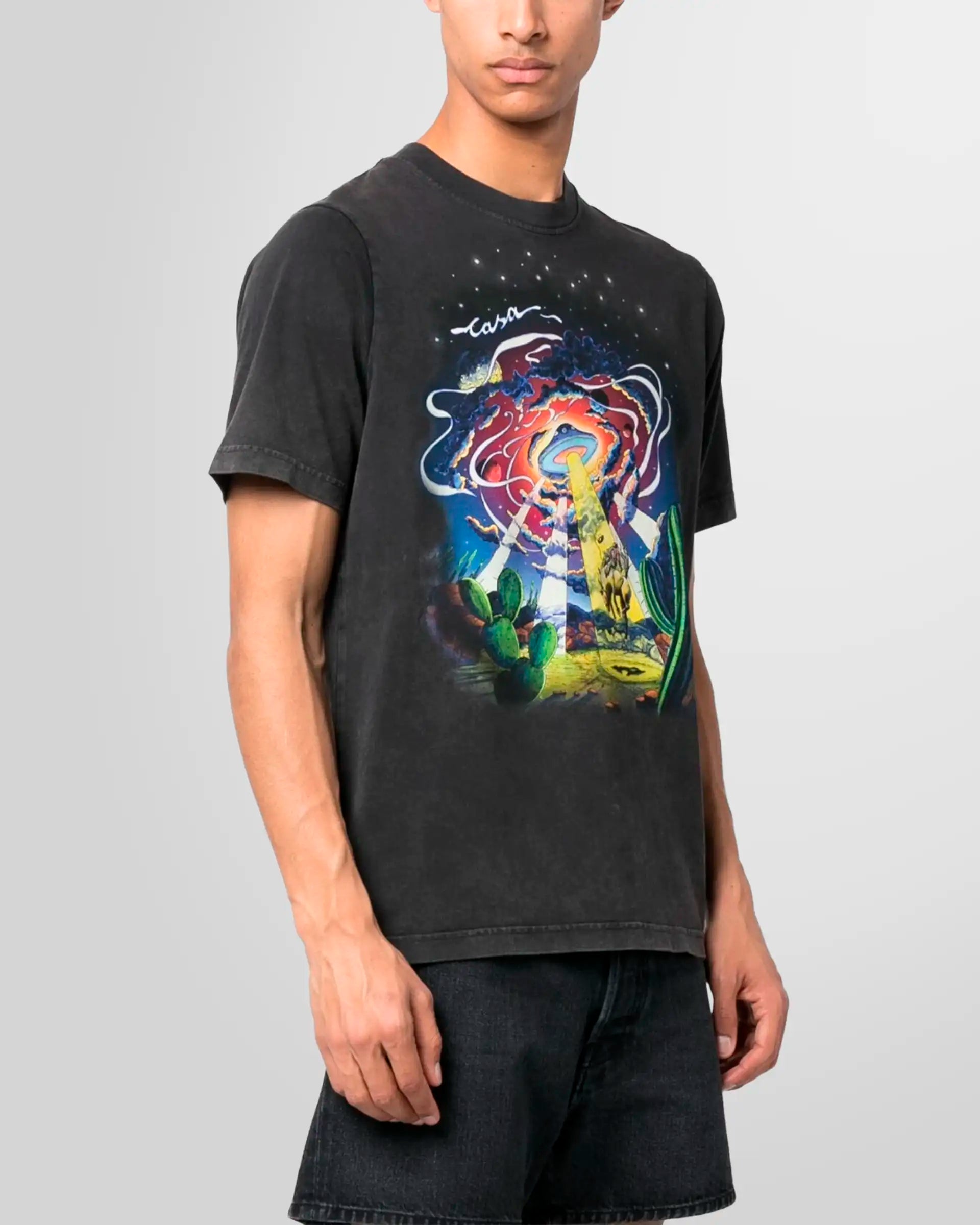 Model wearing the Casablanca 'Cowboy De L'Espace' t-shirt, showcasing its relaxed fit