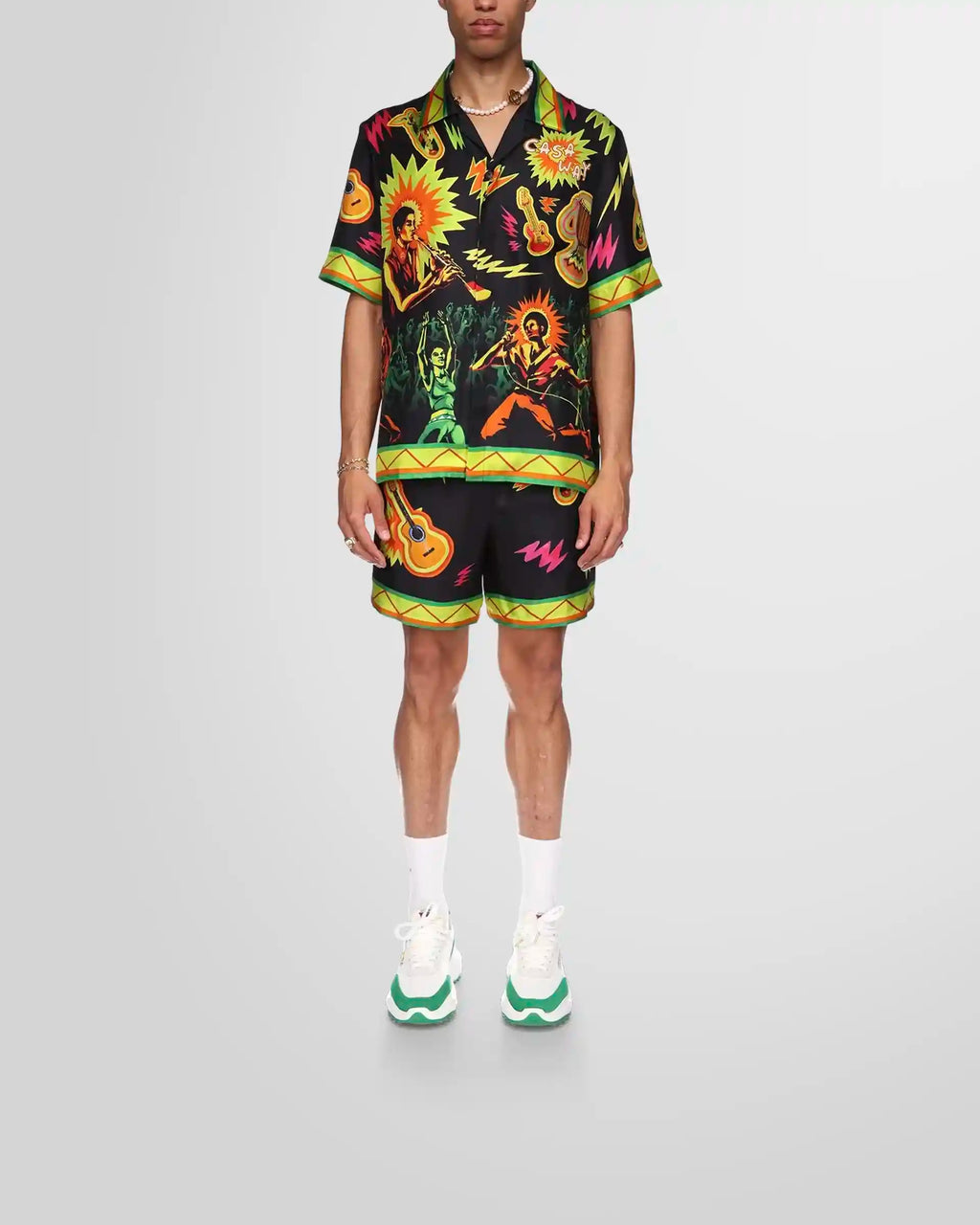 Model wearing the Casablanca Music For The People short-sleeve silk shirt.