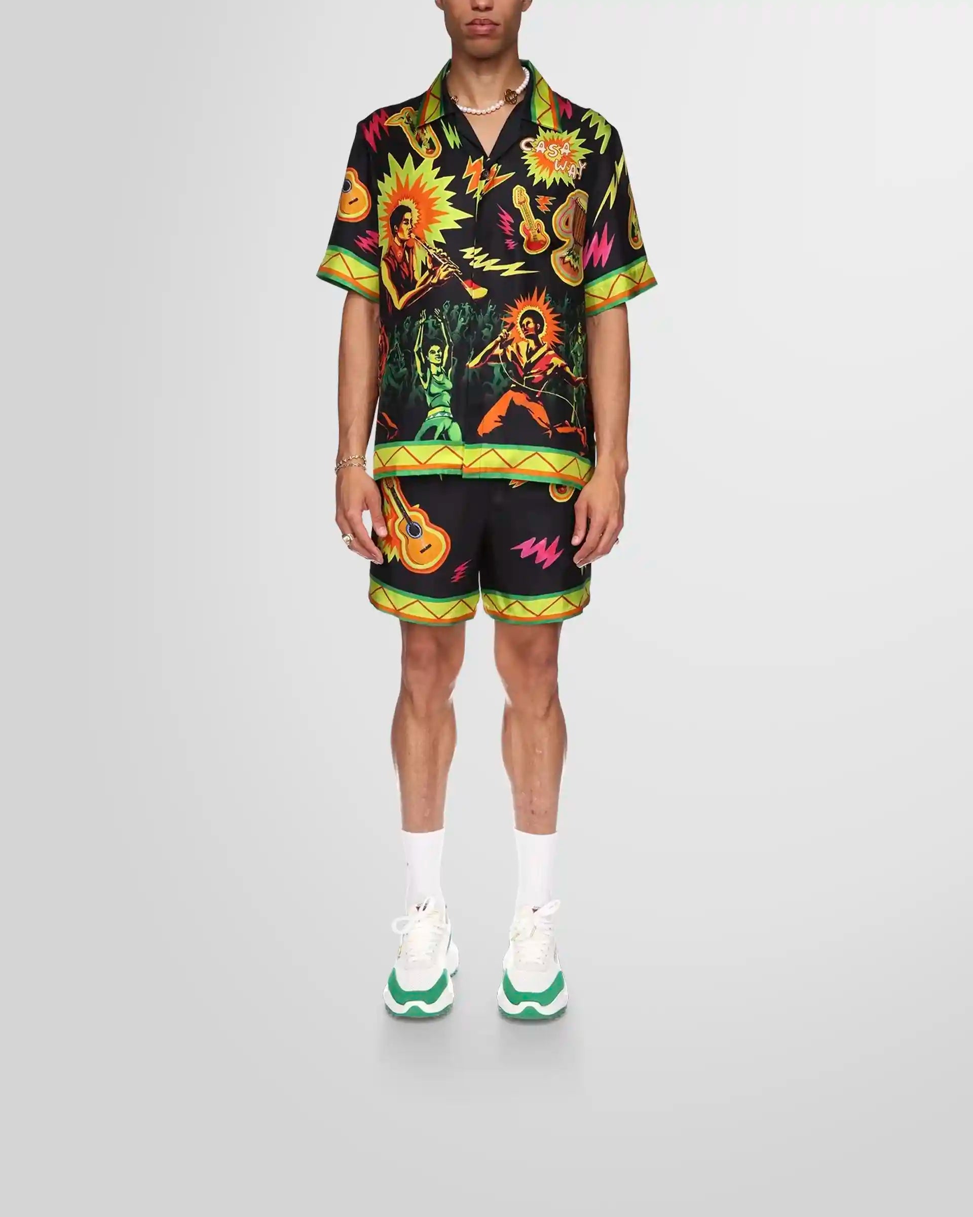 Model wearing the Casablanca Music For The People short-sleeve silk shirt.