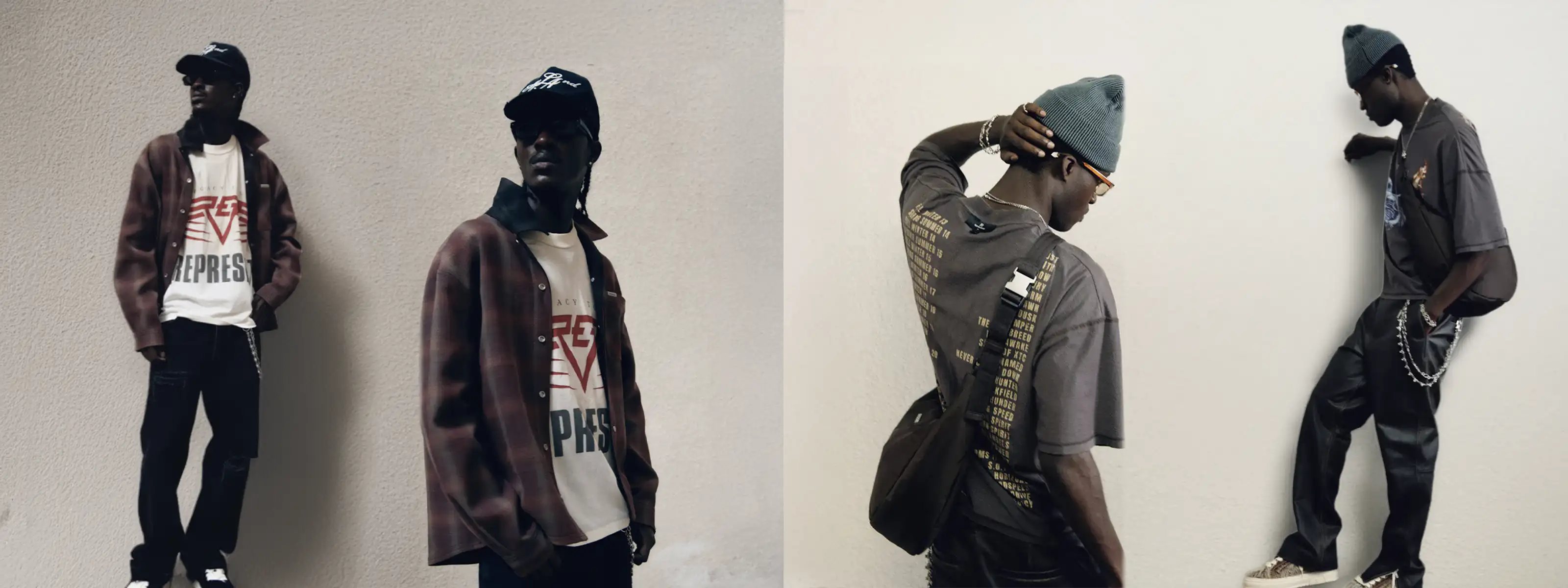 Homepage banner with a model wearing Represent, link to Represent collection