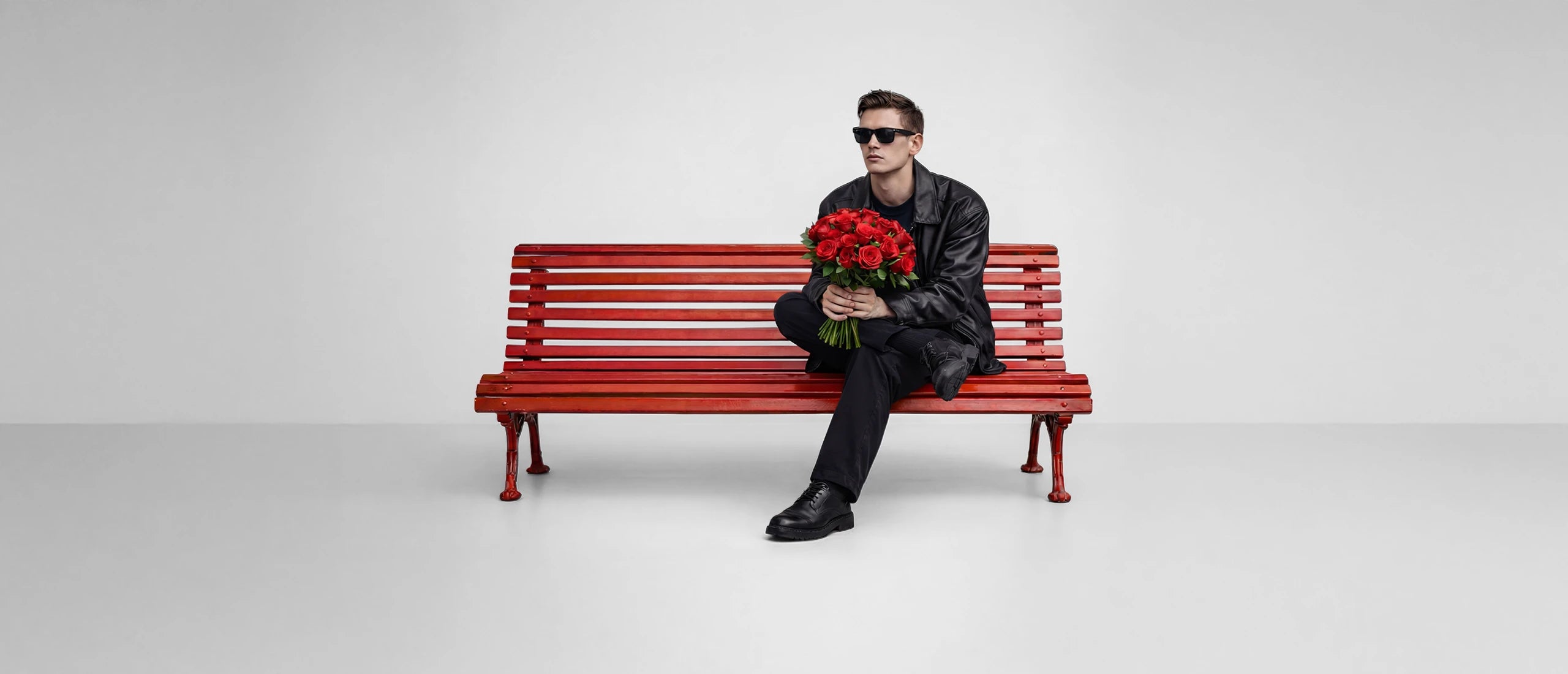 Male model seated on red bench holding bouquet of red roses, editorial fashion campaign for Homme+