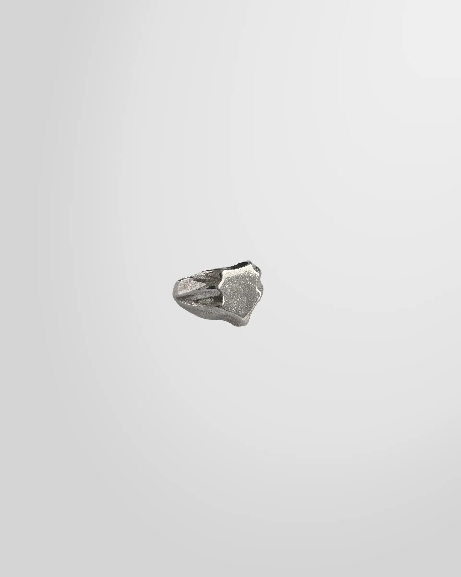 Side view of the Johnny Ramli Shield Signet Ring, showing its crest shape and oxidized face.