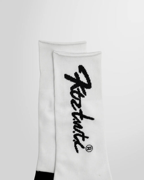 Close up view of the KTZ Logo Print Socks and the black graphic artwork