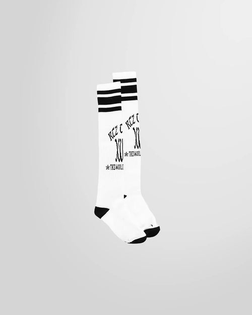 The KTZ logo print socks in white from the side.