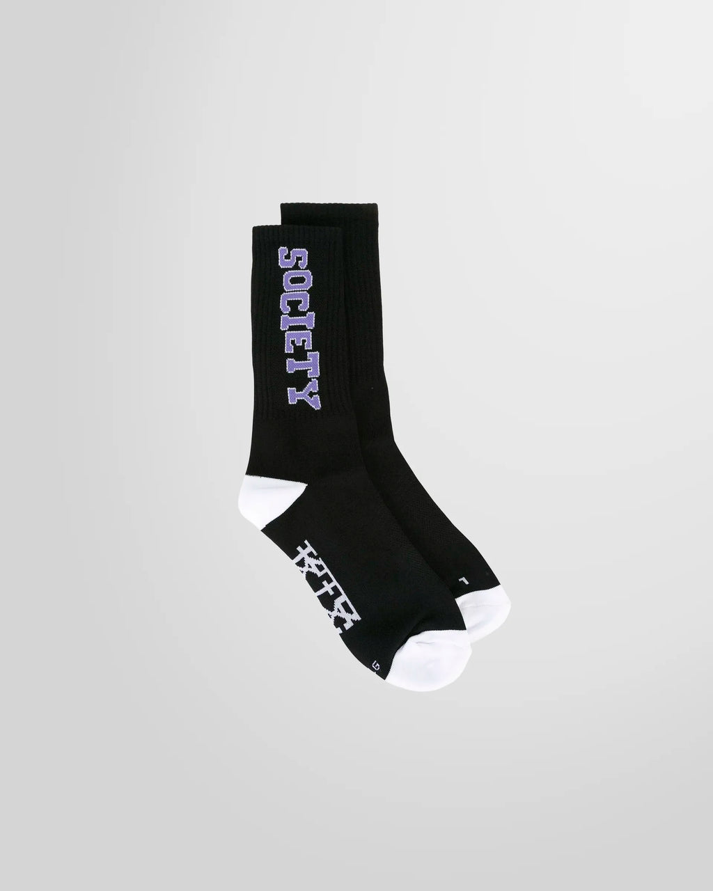 Side view of the Society Ribbed Socks from KTZ in Black  with artwork on the sides.