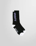 Side view of the Society Ribbed Socks from KTZ in Black  with artwork on the sides.