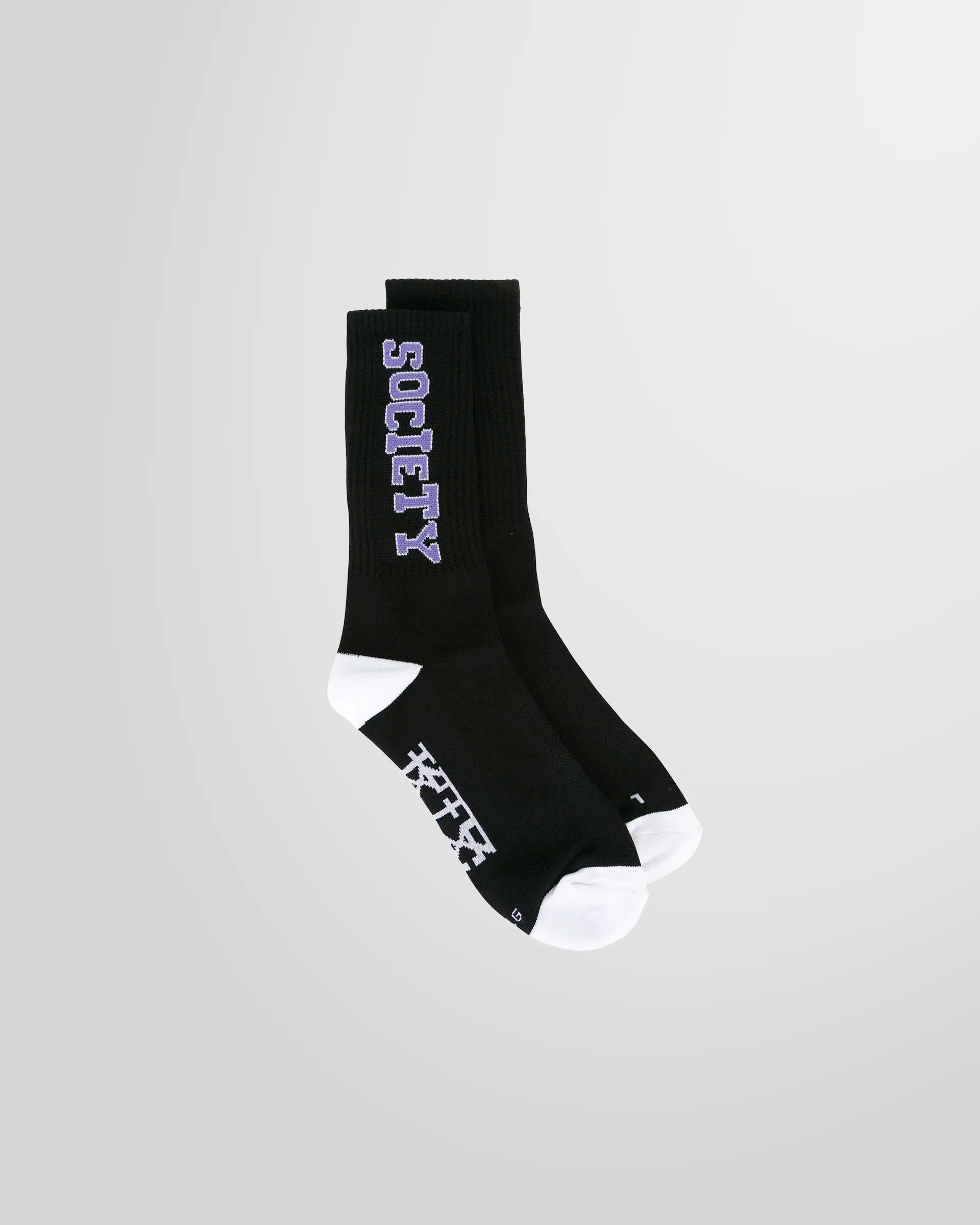 Side view of the Society Ribbed Socks from KTZ in Black  with artwork on the sides.