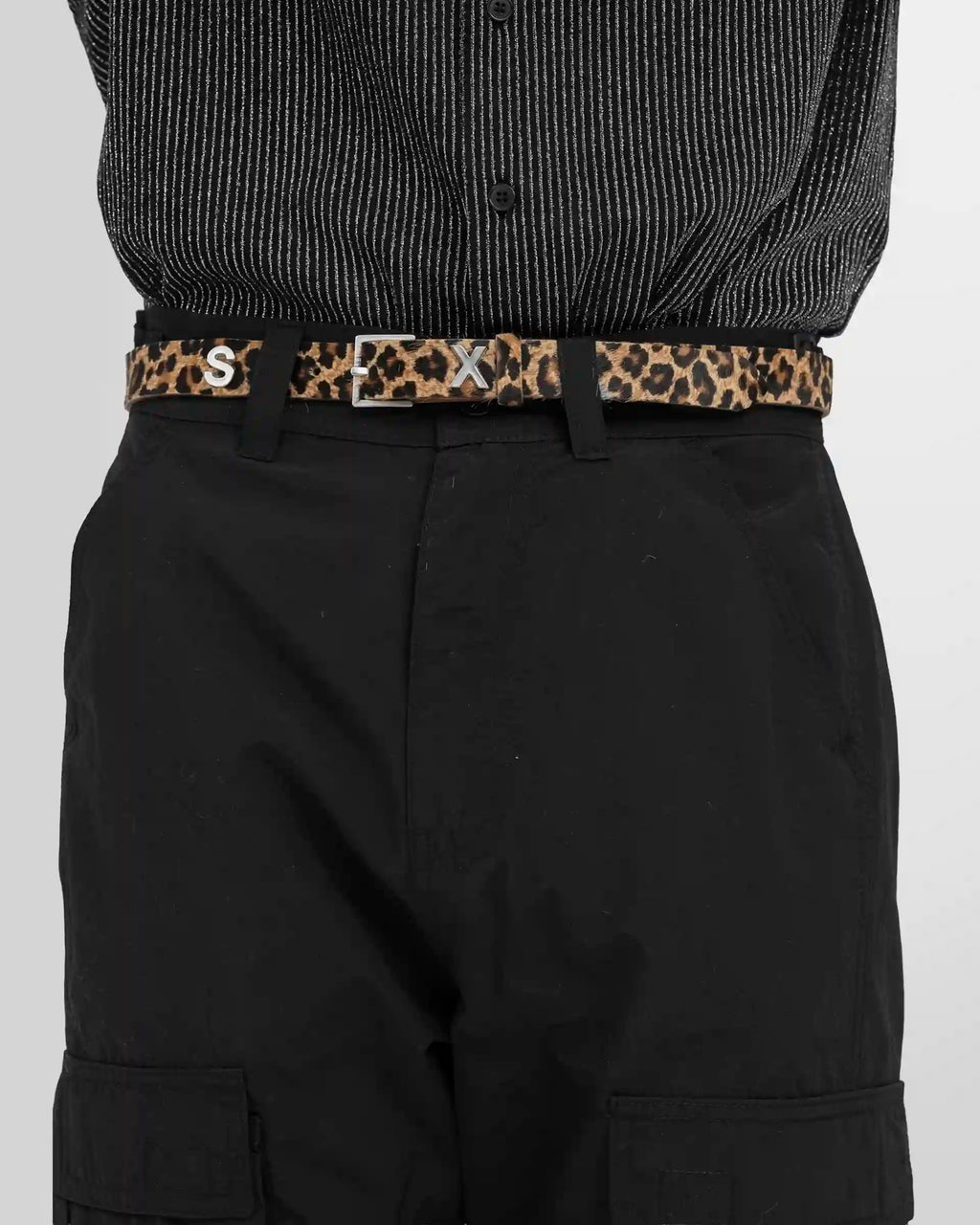 Model wearing the Martine Rose letter belt.