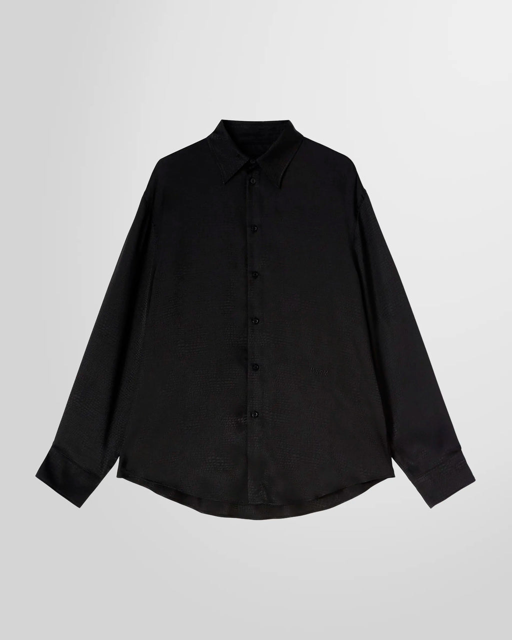 Front view of the black MSGM 'Croco Satin' shirt, showing its classic silhouette.