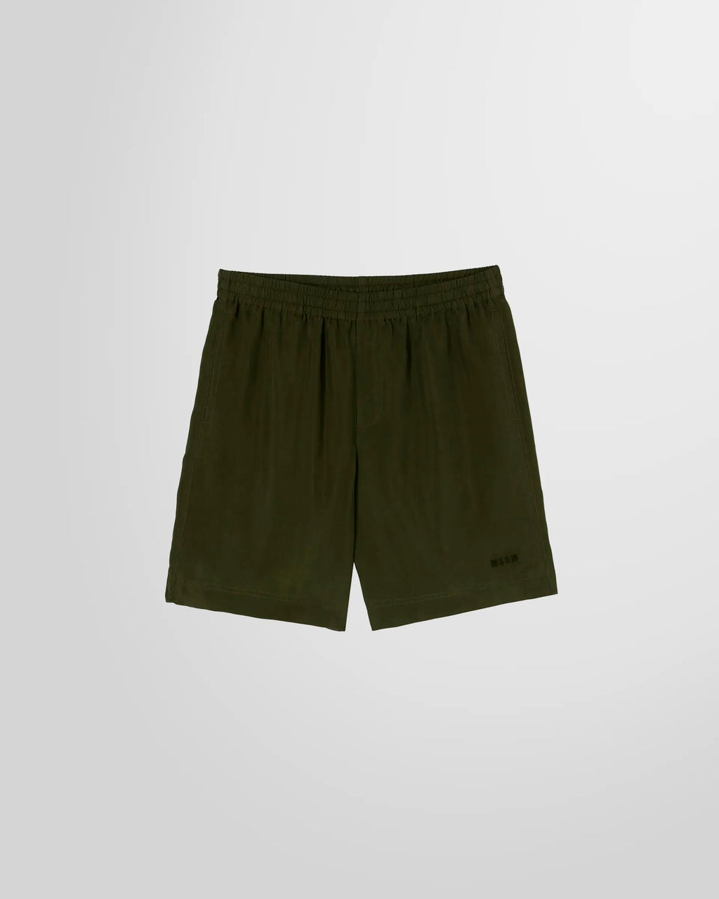 Front view of the MSGM Cupro Shorts in military green, showing the regular fit and knee length.