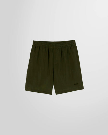 Front view of the MSGM Cupro Shorts in military green, showing the regular fit and knee length.